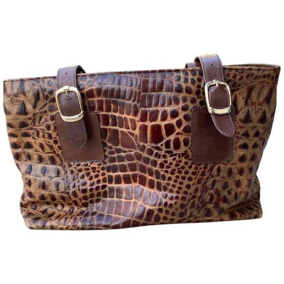 Due Fratelli 2 Strap Brown Leather Tote Shoulder Bag Crocodile Embossed mob wife - Picture 12 of 16